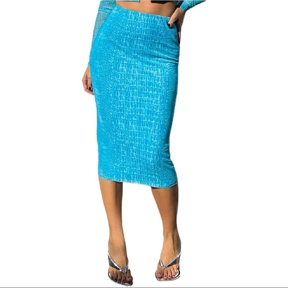 AFRM Lynn Mesh Snake Print Skirt in Aqua - Picture 1 of 7